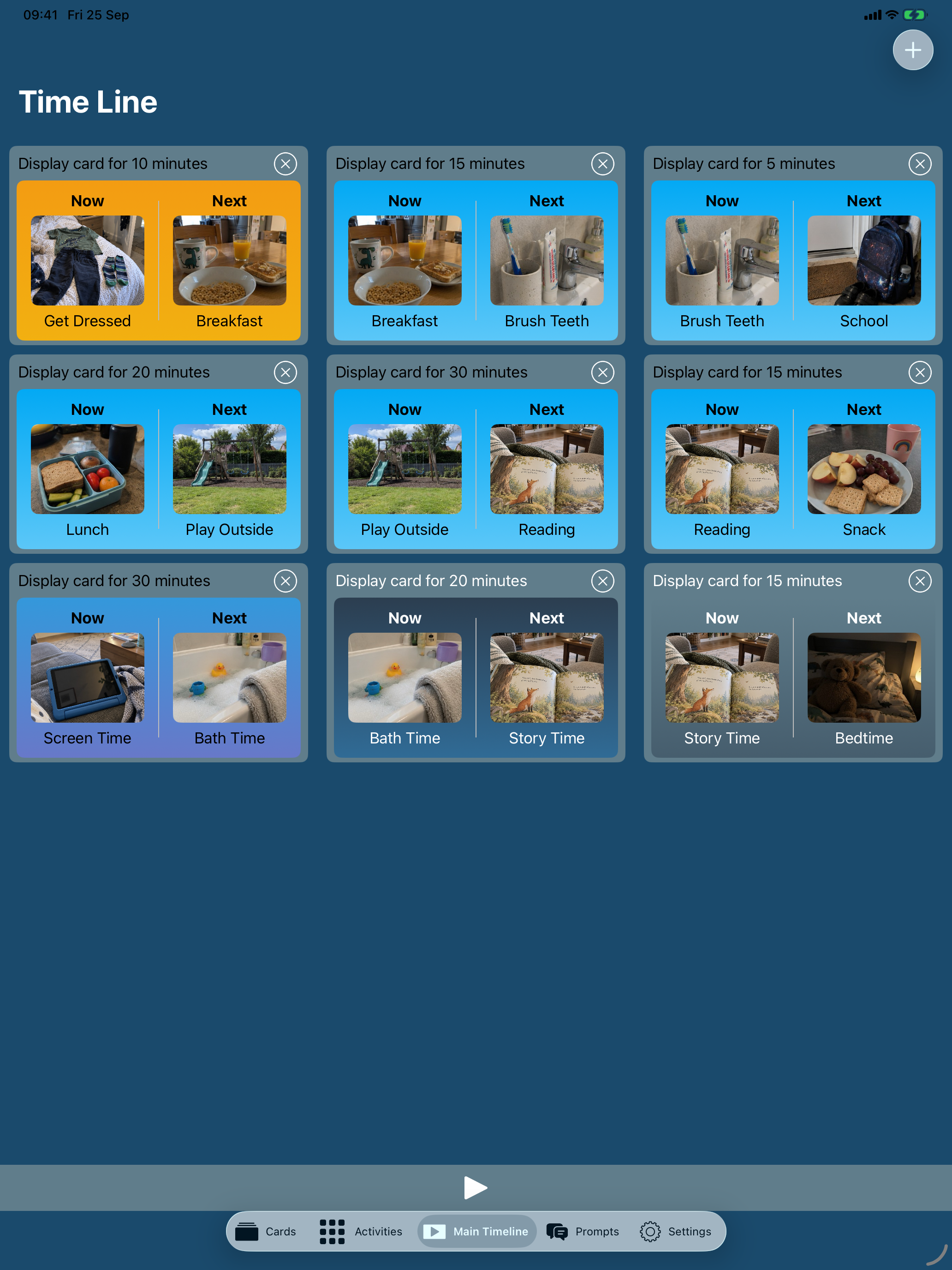 The app’s Time Line screen showing nine routine cards, each with its display duration, from getting dressed and breakfast through to bedtime.